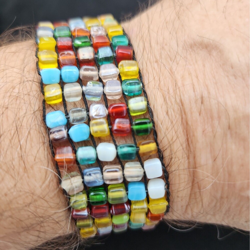 Bracelet Semi Precious Stone Stretch Wide Bangle Polished Glass Mosaic Style VTG
